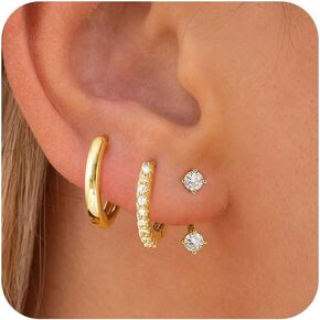 Gold Hoop Earrings Set for Women, 3 Pairs Dainty 14k Gold Plated Dangle Stud Cubic Zirconia Earrings Trendy Hypoallergenic Earrings Stack Non Tarnish Gold Jewelry for Women Christmas Gifts
