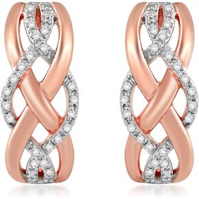 Jewelili 14K Rose Gold Over Sterling Silver 1/10 Cttw Natural White Round Diamonds Crossover J-Hoop Earrings