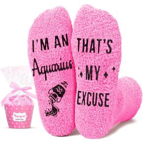 HAPPYPOP Aquarius Zodiac Birthday Gifts for Women - Astrology Space Constellation Horoscope Gifts for Teen Girls, Fuzzy Star Galaxy Aquarius Socks
