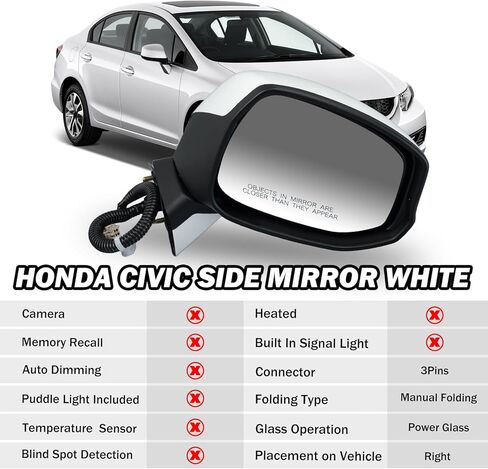 Passenger Side Mirror Compatible with Honda Civic 2012 2013 2014 Rear View Mirror with Power Glass,Non-Heated Manual Folding White in Kuwait