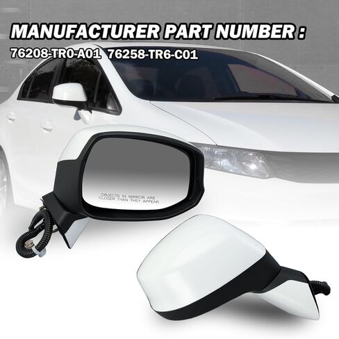 Passenger Side Mirror Compatible with Honda Civic 2012 2013 2014 Rear View Mirror with Power Glass,Non-Heated Manual Folding White in Kuwait
