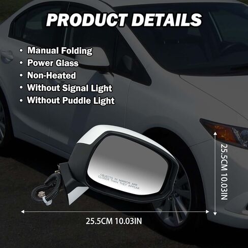 Passenger Side Mirror Compatible with Honda Civic 2012 2013 2014 Rear View Mirror with Power Glass,Non-Heated Manual Folding White in Kuwait