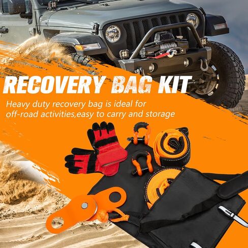 BUNKER INDUST Heavy Duty Recovery Strap Kit, 20'+8' Tow Strap + Winch Line Dampener +Snatch Block +D-Ring Shackles + Gloves +Soft Shackle +Bag,Off Road 4x4 Gear Winch Accessories in Kuwait