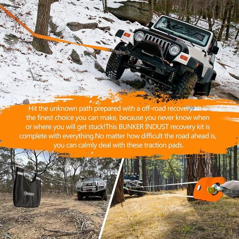 BUNKER INDUST Heavy Duty Recovery Strap Kit, 20'+8' Tow Strap + Winch Line Dampener +Snatch Block +D-Ring Shackles + Gloves +Soft Shackle +Bag,Off Road 4x4 Gear Winch Accessories in Kuwait