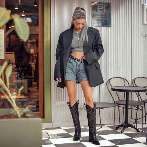 WIRALOMI Cowboy Boots for Women Knee High Western Chunky Heel | Faux Suede Cowgirl Boots with Pointed Toe and Block Heel in Saudi Arabia