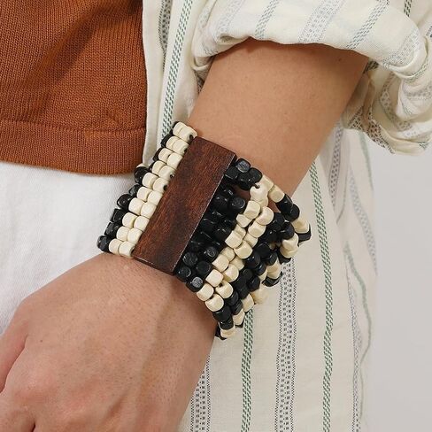 Stretch Wooden Beads Cuff Bracelets Multi Layered Natural Wood Beads Chunky Bangle Wooden Handmade Wide Bracelets Bohemia Jewelry for Women Men in Kuwait