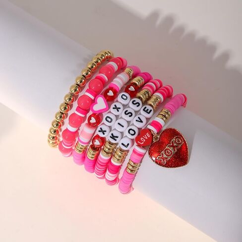 Bohemia Polymer Clay Pink Red Love Heart Stackable Bracelets Set Colorful Multilayer Heishi Surfer Heart Beaded Stretch Bracelets for Women Summer Beach Holiday Valentine's Day Jewelry Gifts in Kuwait
