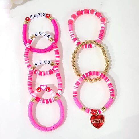 Bohemia Polymer Clay Pink Red Love Heart Stackable Bracelets Set Colorful Multilayer Heishi Surfer Heart Beaded Stretch Bracelets for Women Summer Beach Holiday Valentine's Day Jewelry Gifts in Kuwait
