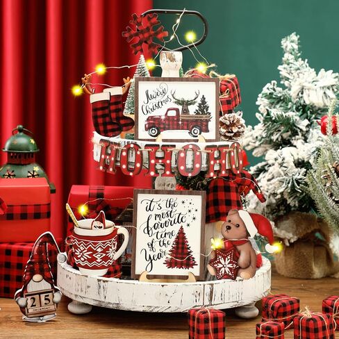 13 قطعة عيد الميلاد صينية ديكور مجموعة عيد الميلاد الأسود والأحمر منقوشة جنوم خشبية علامات الطاولة الأيائل ندفة الثلج شجرة شاحنة جوارب ريفي مزرعة الشتاء صواني ديكور للمنزل مطبخ in Kuwait