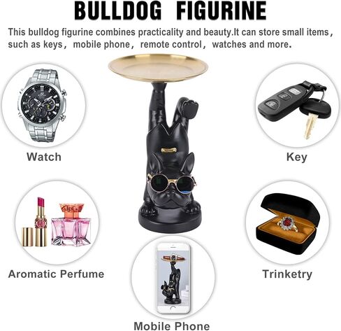 Resin French Bulldog Statue Storage Tray, Cute Dog Butler Statue with Tray, Key Tray for Entryway Table, French Bulldog Figurine Animal Sculpture Table Decoration for Home Office Decor (Black) in Saudi Arabia