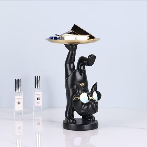Resin French Bulldog Statue Storage Tray, Cute Dog Butler Statue with Tray, Key Tray for Entryway Table, French Bulldog Figurine Animal Sculpture Table Decoration for Home Office Decor (Black) in Saudi Arabia