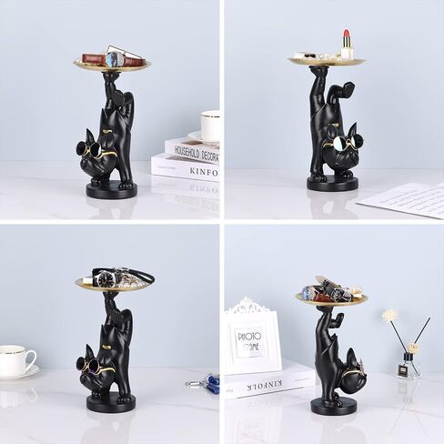Resin French Bulldog Statue Storage Tray, Cute Dog Butler Statue with Tray, Key Tray for Entryway Table, French Bulldog Figurine Animal Sculpture Table Decoration for Home Office Decor (Black) in Saudi Arabia
