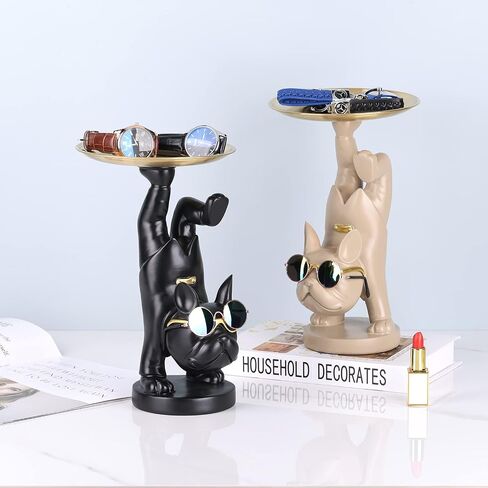 Resin French Bulldog Statue Storage Tray, Cute Dog Butler Statue with Tray, Key Tray for Entryway Table, French Bulldog Figurine Animal Sculpture Table Decoration for Home Office Decor (Black) in Saudi Arabia