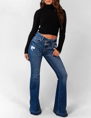 LONGBIDA Skinny Ripped Bell Bottom Jeans for Women High Waisted Stretchy Flare Curvy Denim Pants with Pockets in Saudi Arabia