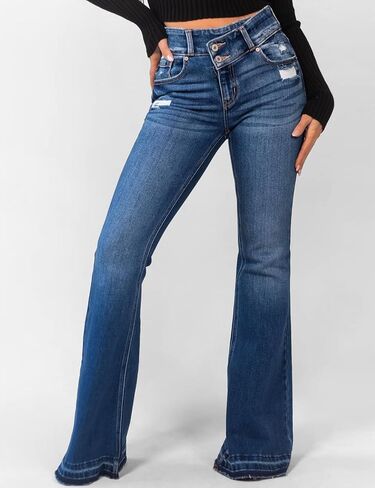 LONGBIDA Skinny Ripped Bell Bottom Jeans for Women High Waisted Stretchy Flare Curvy Denim Pants with Pockets in Saudi Arabia