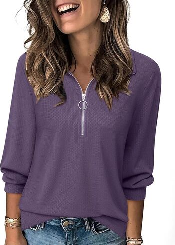 Vivilli Womens Tops Dressy Casual 3/4 Length Sleeve V Neck Shirts and Blouses Zipper Collar Women Polo Shirts in Kuwait