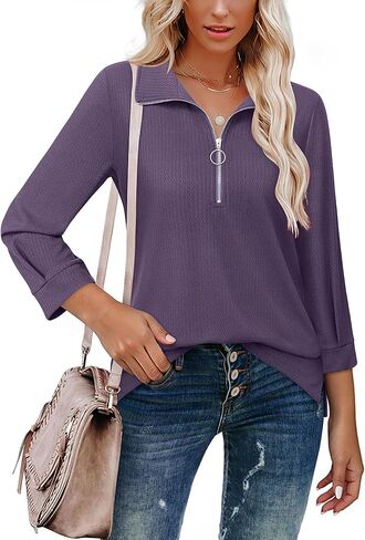 Vivilli Womens Tops Dressy Casual 3/4 Length Sleeve V Neck Shirts and Blouses Zipper Collar Women Polo Shirts in Kuwait