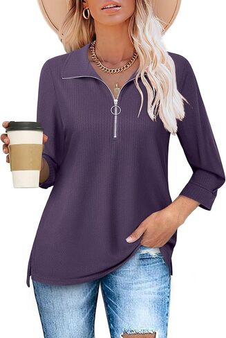 Vivilli Womens Tops Dressy Casual 3/4 Length Sleeve V Neck Shirts and Blouses Zipper Collar Women Polo Shirts in Kuwait