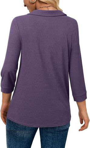 Vivilli Womens Tops Dressy Casual 3/4 Length Sleeve V Neck Shirts and Blouses Zipper Collar Women Polo Shirts in Kuwait