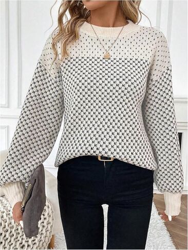 MakeMeChic Women's Color Block Houndstooth Oversized Sweater Long Sleeve Crew Neck Knit Pullover Top in Saudi Arabia