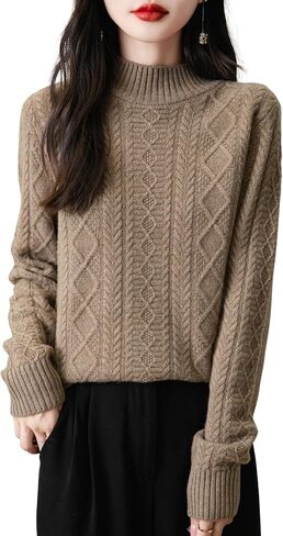 المرأة 100% ميرينو سترة صوف 2024 خريف شتاء الأساسية وهمية الرقبة طويلة الأكمام خمر كابل محبوك سترة in Kuwait