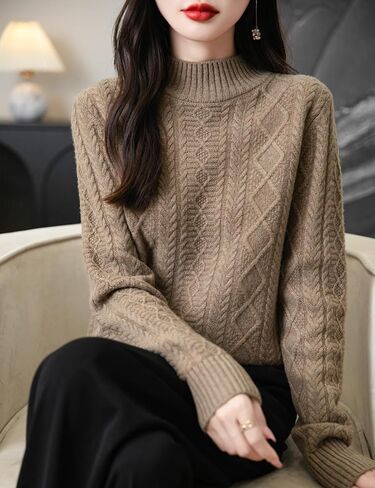 المرأة 100% ميرينو سترة صوف 2024 خريف شتاء الأساسية وهمية الرقبة طويلة الأكمام خمر كابل محبوك سترة in Kuwait