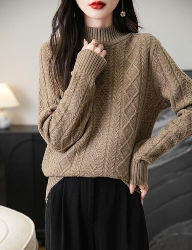 المرأة 100% ميرينو سترة صوف 2024 خريف شتاء الأساسية وهمية الرقبة طويلة الأكمام خمر كابل محبوك سترة in Kuwait