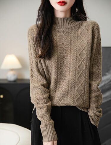 المرأة 100% ميرينو سترة صوف 2024 خريف شتاء الأساسية وهمية الرقبة طويلة الأكمام خمر كابل محبوك سترة in Kuwait