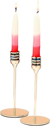 Gold Shabbat Candlestick Holder Set of 2 Abstract Mosaic Pattern | Elegant Judaica Shabbos Gifts Hostess Centerpiece Enameled Aluminum Gold Tone Traditional Candle Holders 7" H (Classic Design) in Kuwait