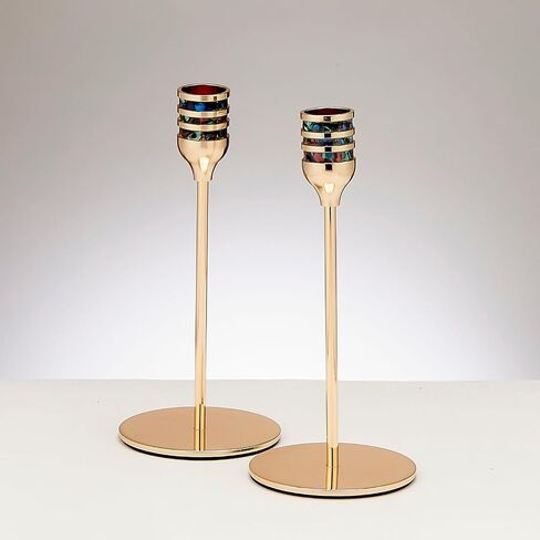 Gold Shabbat Candlestick Holder Set of 2 Abstract Mosaic Pattern | Elegant Judaica Shabbos Gifts Hostess Centerpiece Enameled Aluminum Gold Tone Traditional Candle Holders 7" H (Classic Design) in Kuwait