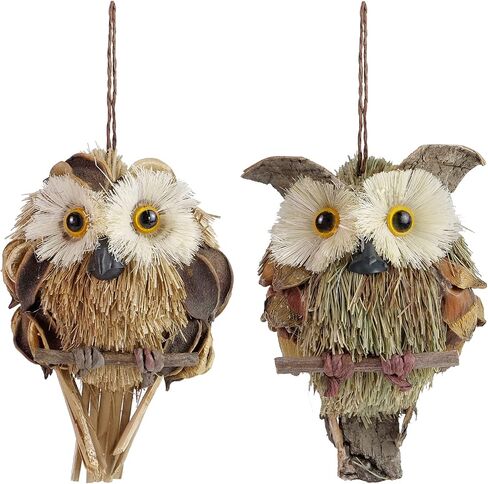 2 Pcs Handmade Hanging Owl Ornament - Creativity Straw Ornaments Brown Owl Decor Gifts Natural Material Suitable for Home Living Room Office Christmas Trees Halloween by QadiraQian Owl Ornaments in Saudi Arabia