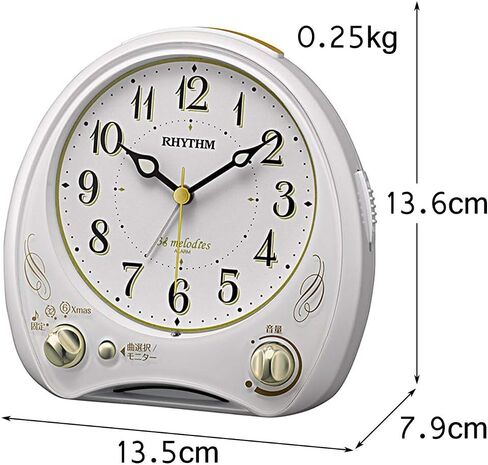 Rhythm 8RM400SR03 Ariacantabile N Alarm Clock with Melody, Continuous Second Hand, White, 5.4 x 5.3 x 3.1 inches (13.6 x 13.5 x 7.9 cm), White in Kuwait