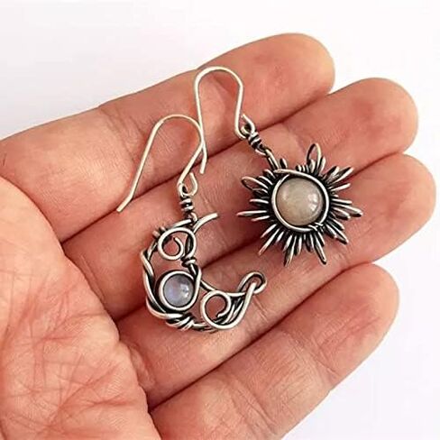 Asymmetrical Sun and Moon Drop Dangle Earrings Rhinestone Crystal Moonstone Crescent Star Long Stud Earrings Boho Bohemian for Women Celestial Planet Christmas Jewelry in Saudi Arabia