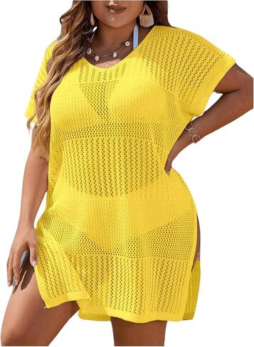 Women's Plus Size Crochet Swimsuit Coverup Mesh Sheer Bathing Suit Cover Up Side Split Beach Dress in Saudi Arabia