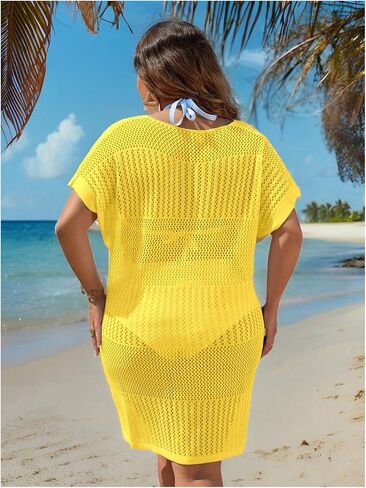 Women's Plus Size Crochet Swimsuit Coverup Mesh Sheer Bathing Suit Cover Up Side Split Beach Dress in Saudi Arabia