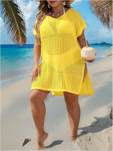 Women's Plus Size Crochet Swimsuit Coverup Mesh Sheer Bathing Suit Cover Up Side Split Beach Dress in Saudi Arabia