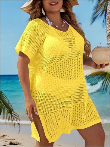 Women's Plus Size Crochet Swimsuit Coverup Mesh Sheer Bathing Suit Cover Up Side Split Beach Dress in Saudi Arabia