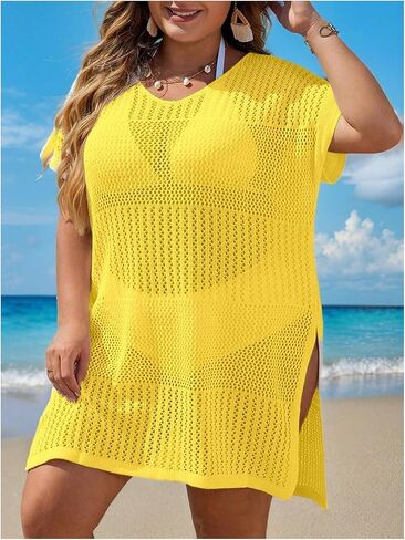 Women's Plus Size Crochet Swimsuit Coverup Mesh Sheer Bathing Suit Cover Up Side Split Beach Dress in Saudi Arabia