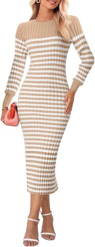 Bloggerlove Women's Striped Sweater Dress Long Sleeve Crew Neck Slim Fit Ribbed Knit Bodycon Midi Dresses with Slit 2024 Fall in Saudi Arabia