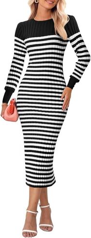 Bloggerlove Women's Striped Sweater Dress Long Sleeve Crew Neck Slim Fit Ribbed Knit Bodycon Midi Dresses with Slit 2024 Fall in Saudi Arabia