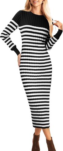 Bloggerlove Women's Striped Sweater Dress Long Sleeve Crew Neck Slim Fit Ribbed Knit Bodycon Midi Dresses with Slit 2024 Fall in Saudi Arabia