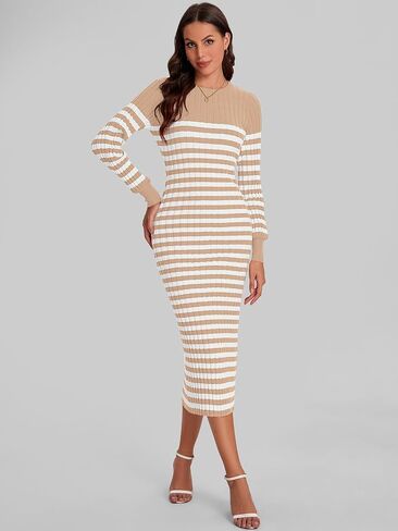 Bloggerlove Women's Striped Sweater Dress Long Sleeve Crew Neck Slim Fit Ribbed Knit Bodycon Midi Dresses with Slit 2024 Fall in Saudi Arabia
