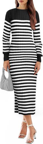 Bloggerlove Women's Striped Sweater Dress Long Sleeve Crew Neck Slim Fit Ribbed Knit Bodycon Midi Dresses with Slit 2024 Fall in Saudi Arabia