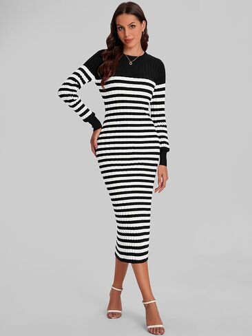 Bloggerlove Women's Striped Sweater Dress Long Sleeve Crew Neck Slim Fit Ribbed Knit Bodycon Midi Dresses with Slit 2024 Fall in Saudi Arabia