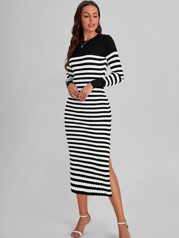 Bloggerlove Women's Striped Sweater Dress Long Sleeve Crew Neck Slim Fit Ribbed Knit Bodycon Midi Dresses with Slit 2024 Fall in Saudi Arabia