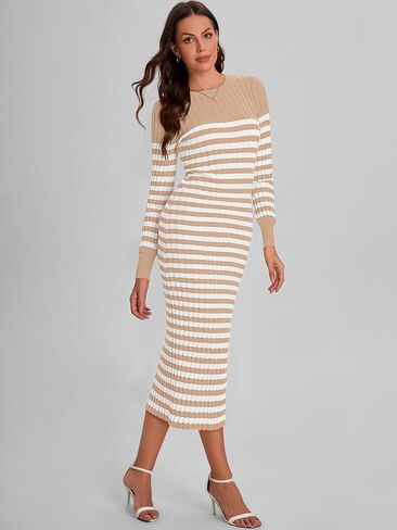 Bloggerlove Women's Striped Sweater Dress Long Sleeve Crew Neck Slim Fit Ribbed Knit Bodycon Midi Dresses with Slit 2024 Fall in Saudi Arabia