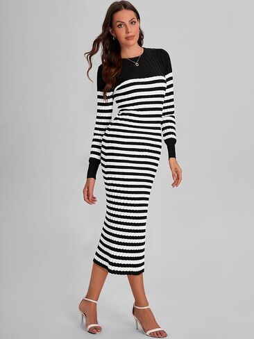 Bloggerlove Women's Striped Sweater Dress Long Sleeve Crew Neck Slim Fit Ribbed Knit Bodycon Midi Dresses with Slit 2024 Fall in Saudi Arabia
