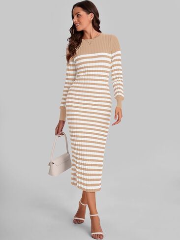 Bloggerlove Women's Striped Sweater Dress Long Sleeve Crew Neck Slim Fit Ribbed Knit Bodycon Midi Dresses with Slit 2024 Fall in Saudi Arabia