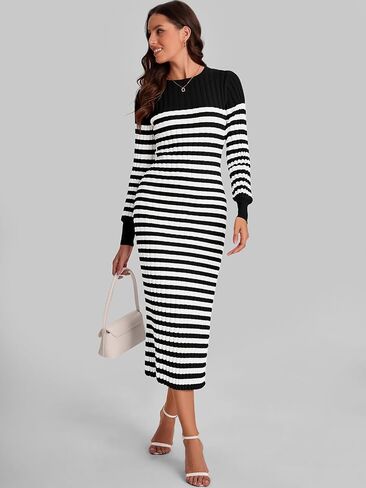Bloggerlove Women's Striped Sweater Dress Long Sleeve Crew Neck Slim Fit Ribbed Knit Bodycon Midi Dresses with Slit 2024 Fall in Saudi Arabia
