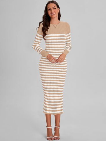 Bloggerlove Women's Striped Sweater Dress Long Sleeve Crew Neck Slim Fit Ribbed Knit Bodycon Midi Dresses with Slit 2024 Fall in Saudi Arabia